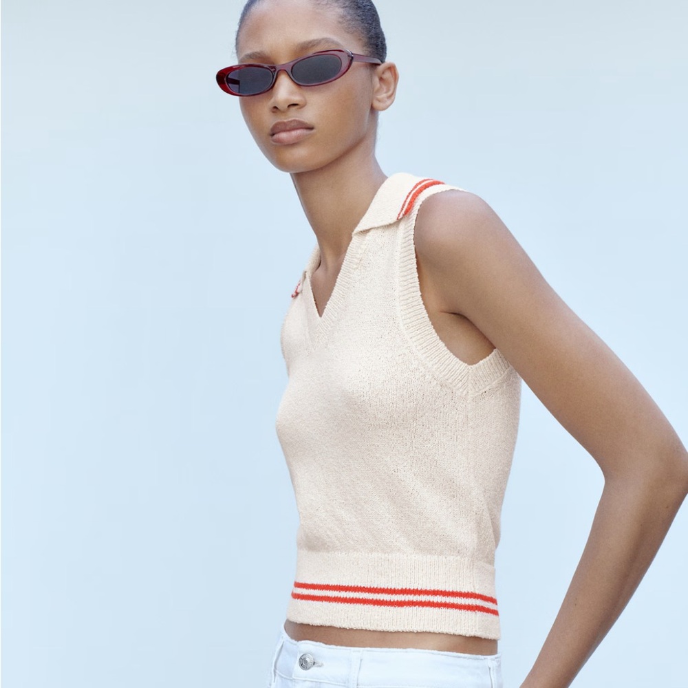 Mango NEW Sleeveless Cream Knit Sweater Vest Top with Red Accents